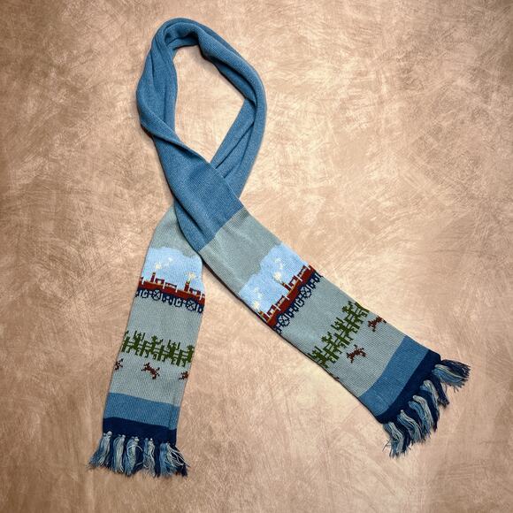 Vintage 80s Made Expressly for Collage Railroad Cowboy Scarf Knit Blue Wild West - Picture 1 of 6